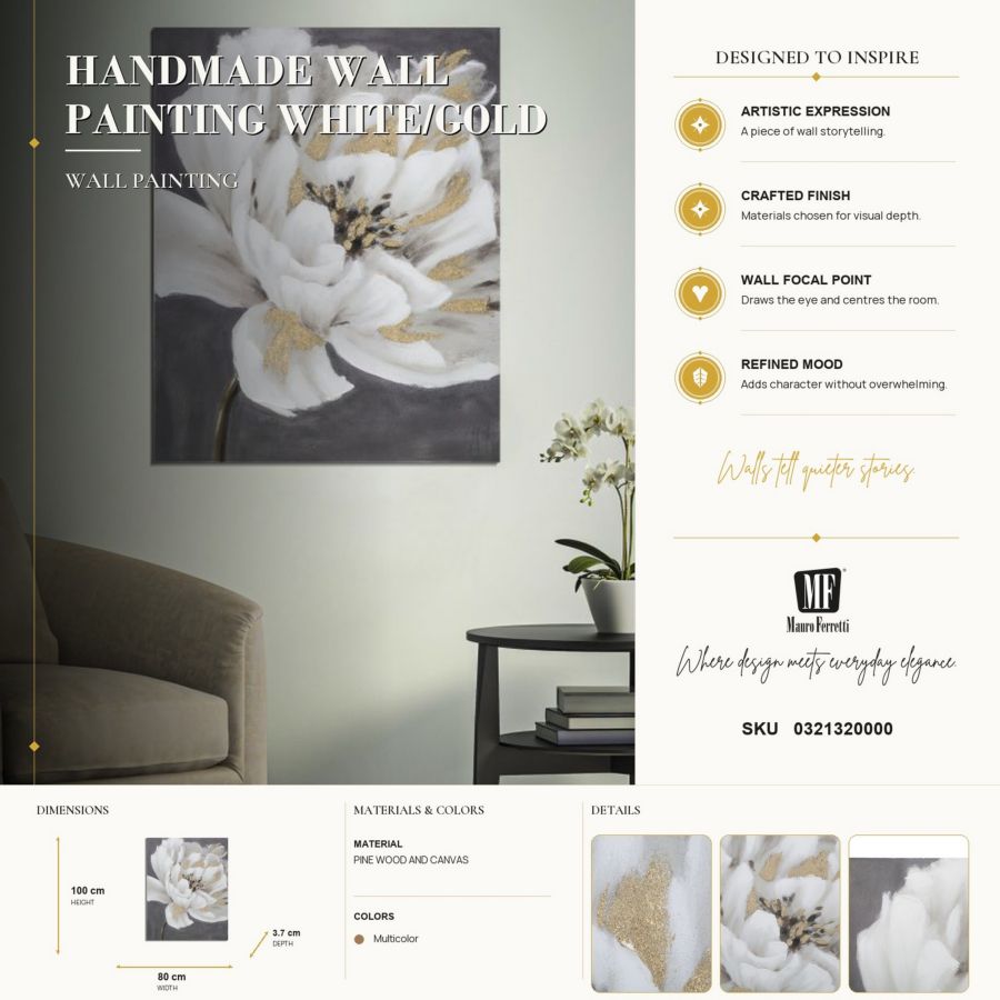 DIPINTO SU TELA WHITE/GOLD FLOWER CM 80X3,7X100 - immagine 7