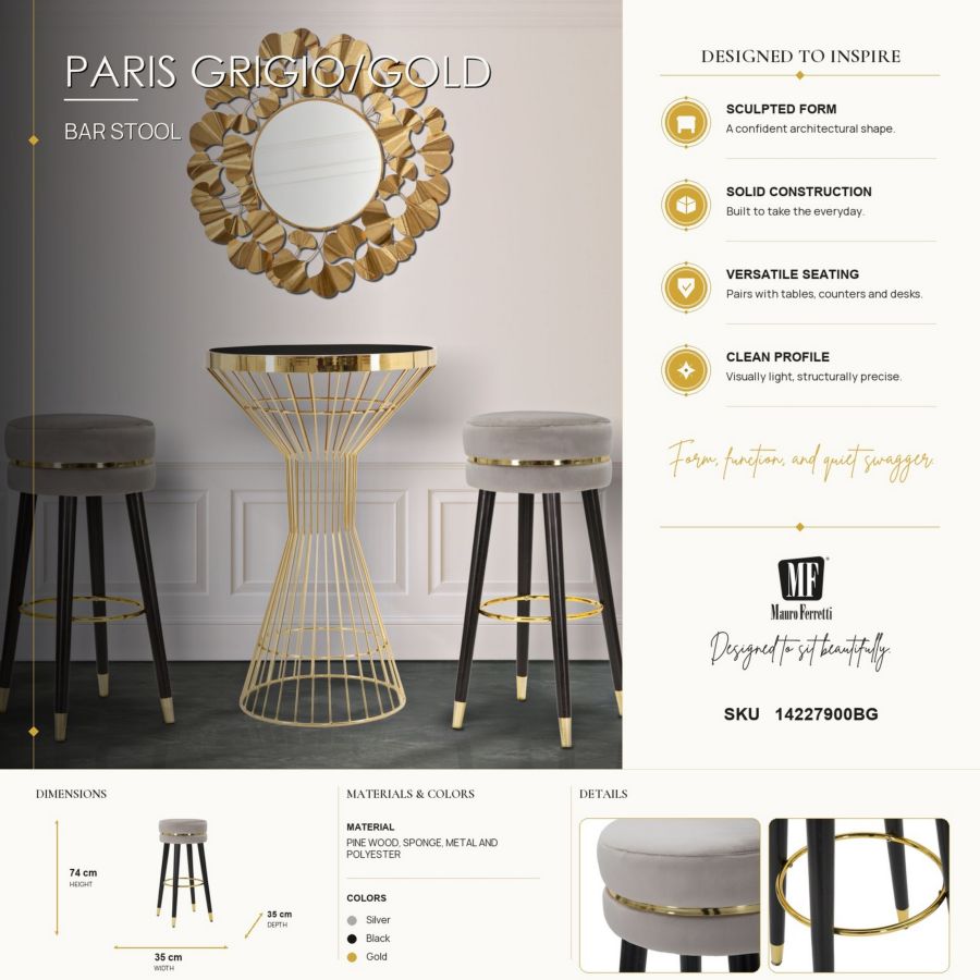 SGABELLO BAR PARIS GRIGIO/GOLD CM Ø 35X74 - immagine 8