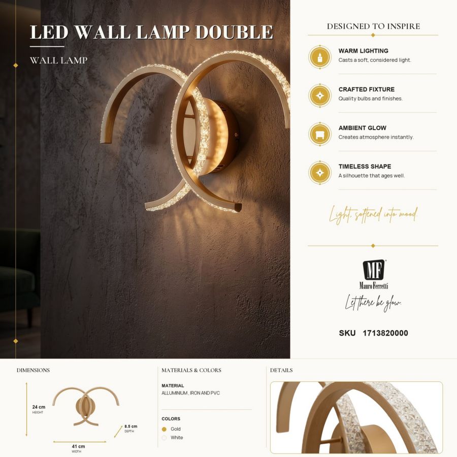 LAMPADA DA MURO LED DOUBLE C CM 41X8,5X24 (LUCE CON 3 TEMPERATURE DI COLORE) - immagine 7